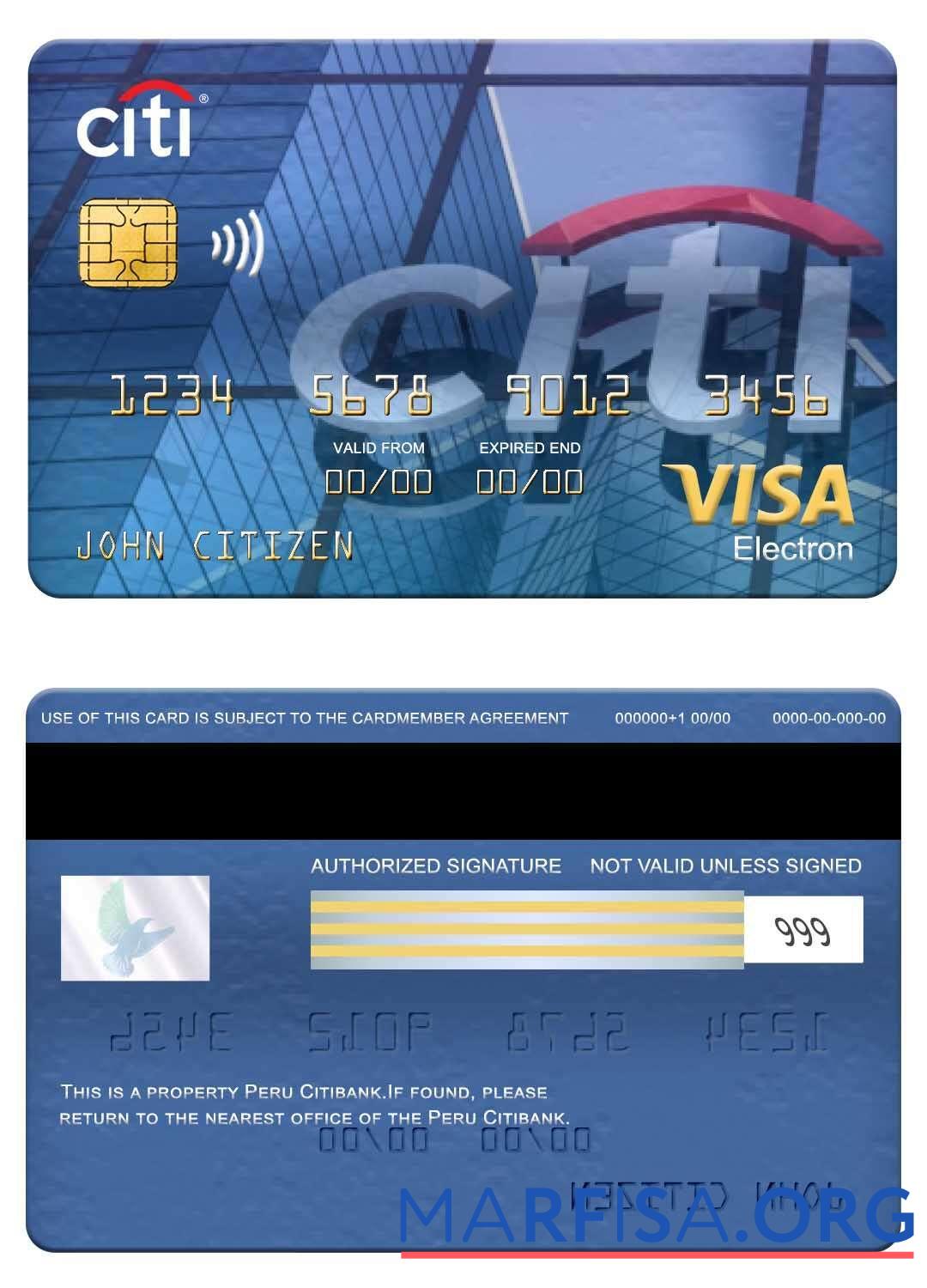 Downloadable Peru Citibank visa electron card template